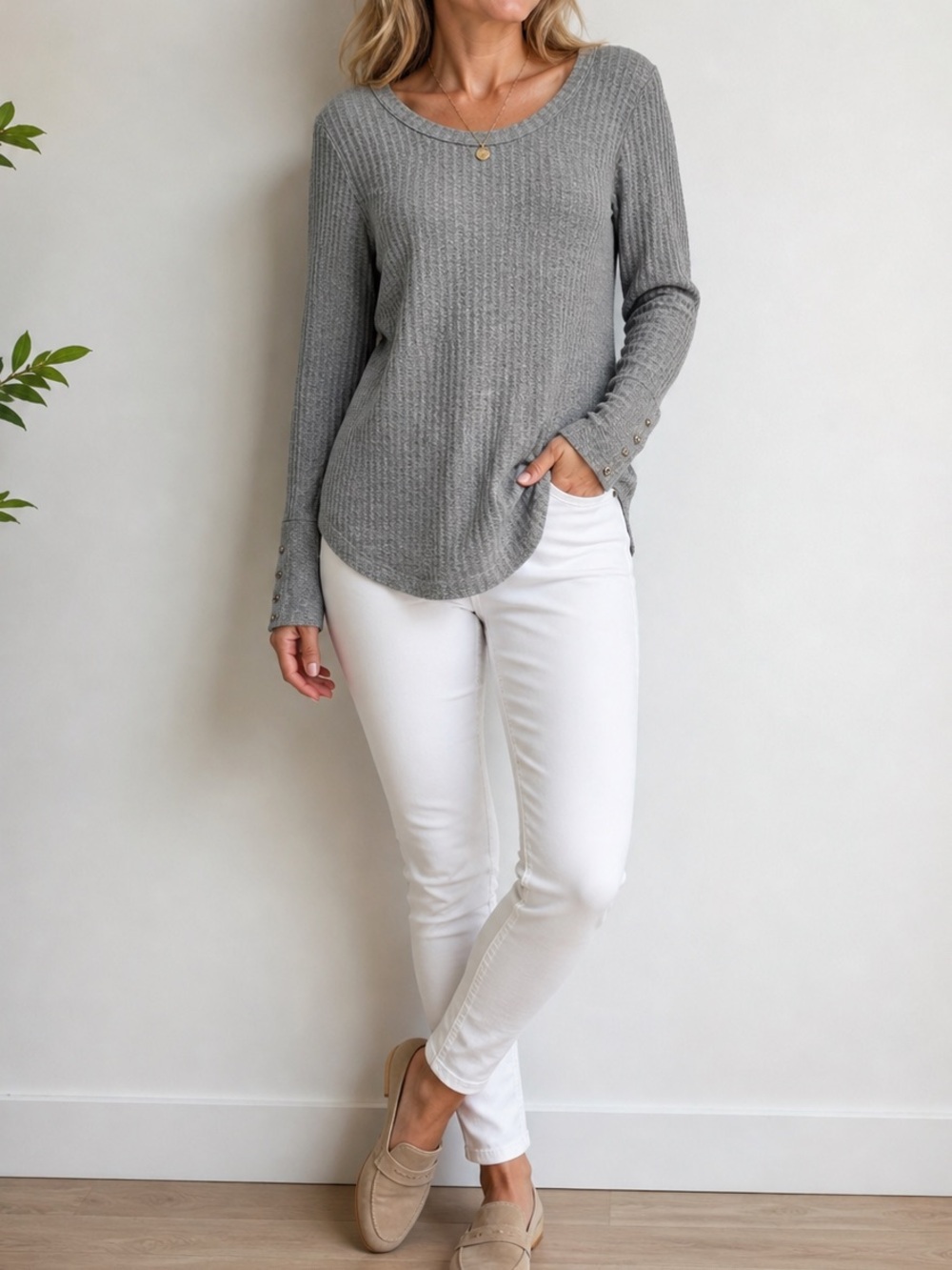 Chaser waffle knit long sleeve gray top, NEW with tags
